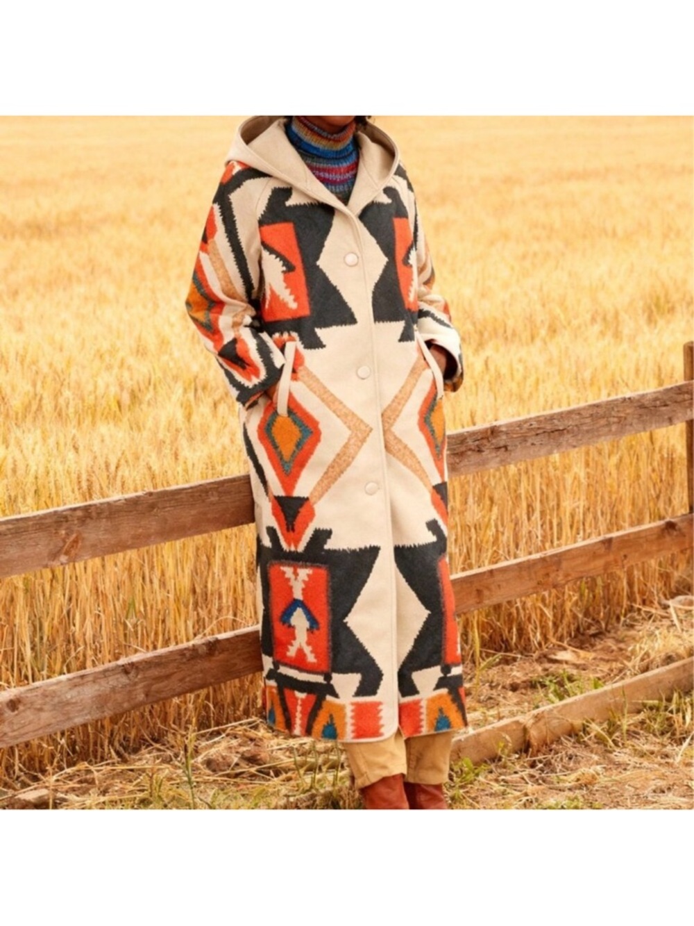 Tribal Pattern Hooded Long Coat in Cream, Black & Rust